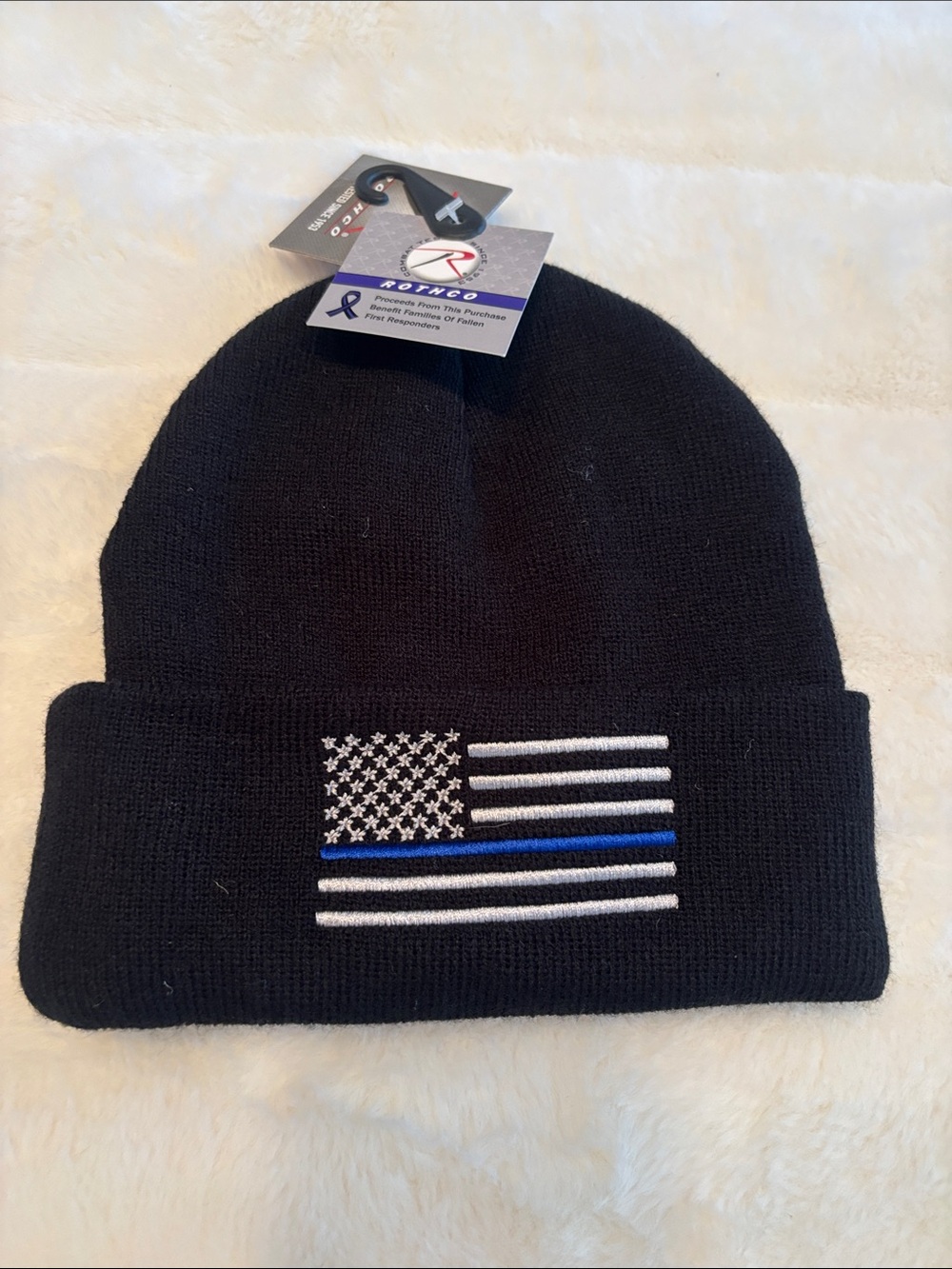 Rothco Black Knit Beanie with Thin Blue Line Flag Embroidery NWT NEW
